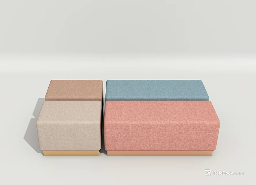 Upholstered Sofa Stools with Beige Light Blue Pink Colors and Wooden Base for Living Room 3d model 