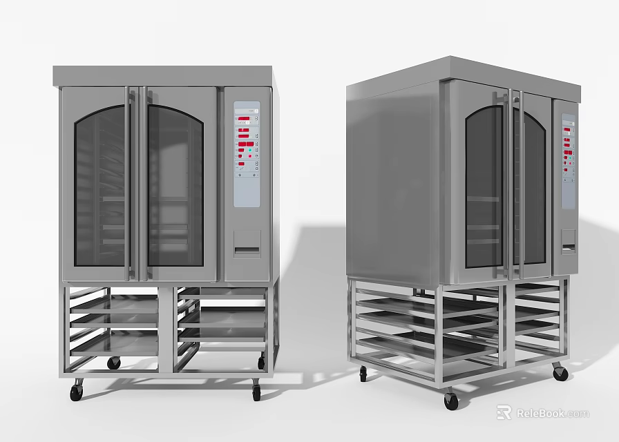 Stainless Steel Commercial Kitchen Appliances With Double Glass Doors And Multiple Shelves On Wheels 3d model 