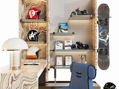 Wooden Desk With Blue Chair And Shelves Featuring Helmets Motorcycle Model And Snowboard 3d model
