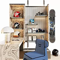 Wooden Desk With Blue Chair And Shelves Featuring Helmets Motorcycle Model And Snowboard