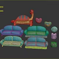 Blue Multi Seat Sofas with Decorative Toys Smiley Face and Dinosaur Accents