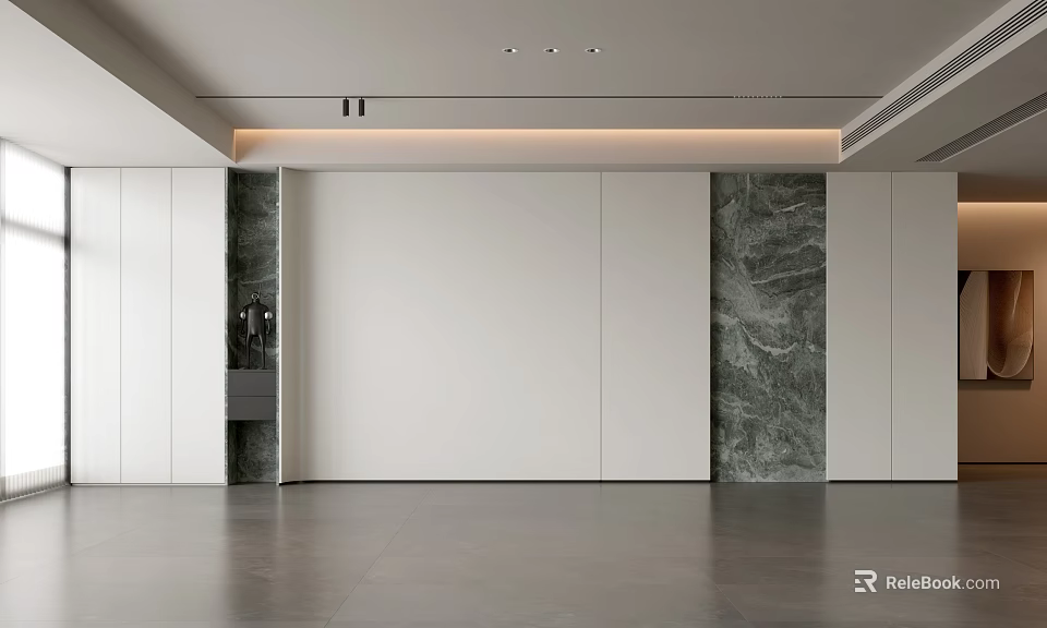 Modern Living Room Interior Design With Marble Accent Walls And White Panels 3d model 