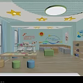 Children's Activity Room With Yellow Star Ceiling Green Border Light Blue Walls And Colorful Furniture