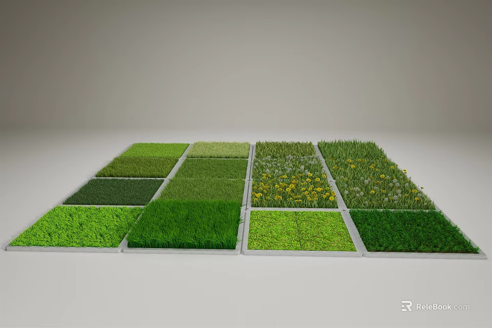Different Types Of Green Grass And Colorful Flowers In Square Garden Sections 3d model 