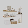 Modern Bathroom Storage With Wooden Shelves Towels Basket Candles And Scented Items