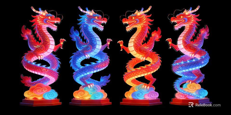 Colorful Lighted Dragon Art Installations With Vibrant Hues And Cloud Bases 3d model 