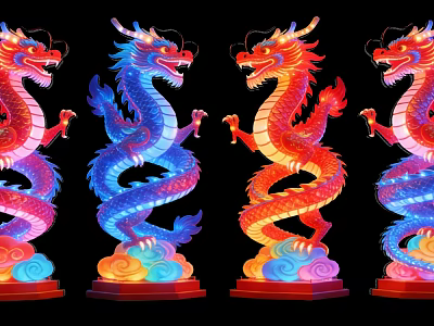 Colorful Lighted Dragon Art Installations With Vibrant Hues And Cloud Bases 3d model