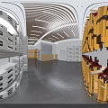 Server Room Interior With Yellow Racks Gray Servers Wooden Ceiling And Metal Shelves