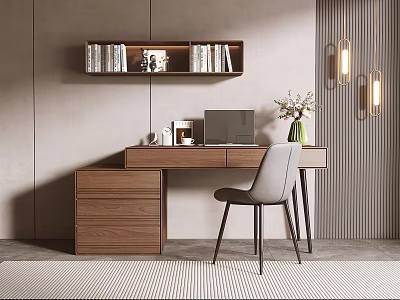Modern Wooden Desk and Gray Chair Set with Laptop Flower Vase and Bookshelf Hanging Lights 3d model
