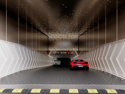Modern Parking Garage With Stylish Lighting Design Geometric Walls And Two Cars Parked 3d model