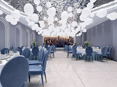 Elegant Banquet Hall Interior With White Spherical Pendant Lights Blue Chairs And City Skyline Backdrop 3d model