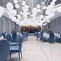 Elegant Banquet Hall Interior With White Spherical Pendant Lights Blue Chairs And City Skyline Backdrop