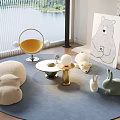 Cozy Entertainment Room With Plush Animal Shaped Seating Round Rug Lake View And Bear Painting