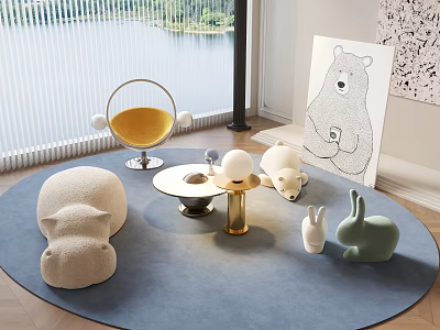 Cozy Entertainment Room With Plush Animal Shaped Seating Round Rug Lake View And Bear Painting 3d model