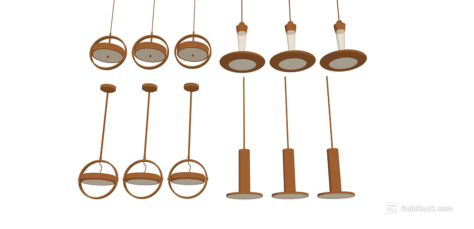Various Modern Pendant Lights With Circular Cylindrical Wooden Brown White Lampshade Designs 3d model 