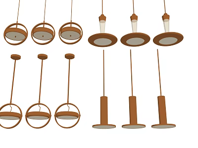 Various Modern Pendant Lights With Circular Cylindrical Wooden Brown White Lampshade Designs 3d model