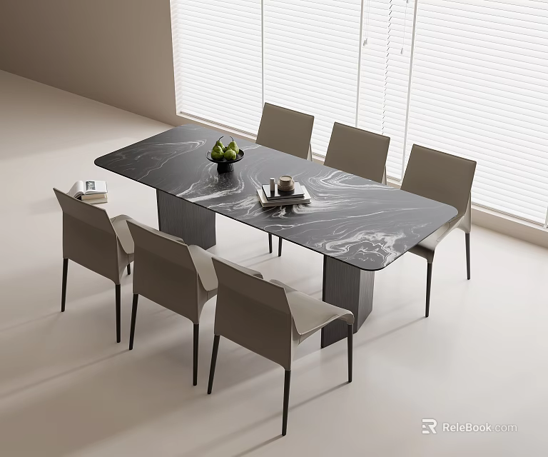 Modern Dining Table Set With Marble Top And Six Minimalist Chairs 3d model