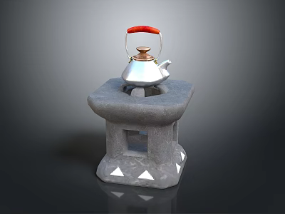 Silver Teapot With Red Handle On Gray Stone Base Featuring Geometric Hollow Design 3d model