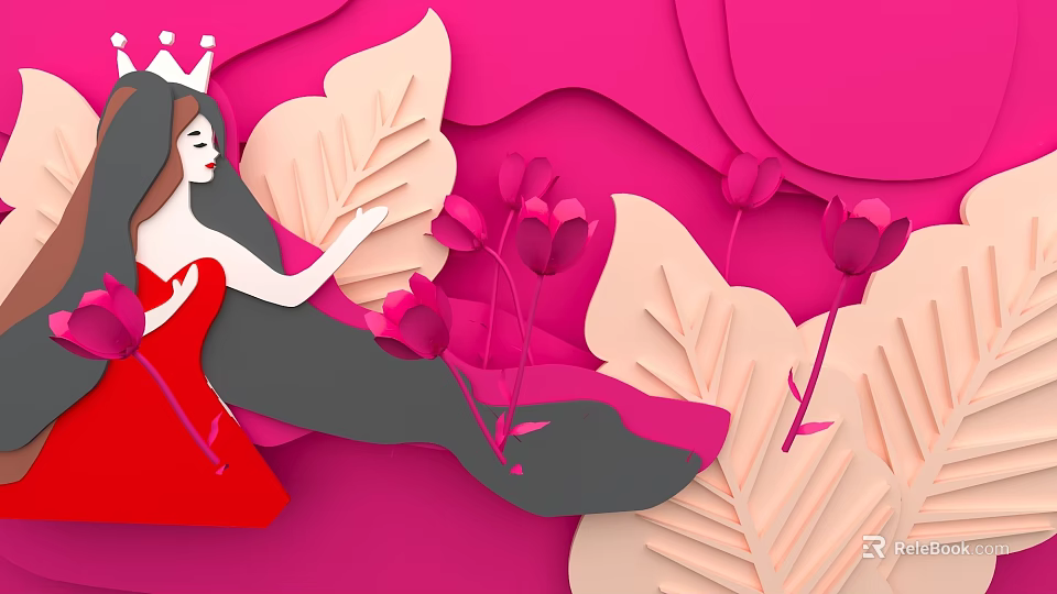 Pink Themed Paper Cut Art With Princess In Red Dress And Flowers 3d model 