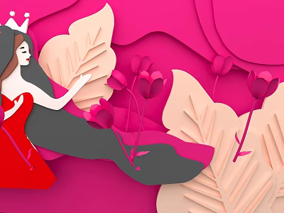 Pink Themed Paper Cut Art With Princess In Red Dress And Flowers 3d model