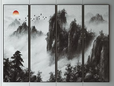 Traditional Chinese Landscape Painting With Misty Mountains Red Sun Flying Birds And Pine Trees 3d model
