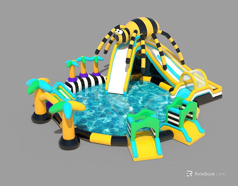 Vibrant Inflatable Play Equipment Featuring Bee Shaped Slide Water Pool And Palm Tree Decorations 3d model 