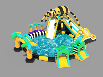 Vibrant Inflatable Play Equipment Featuring Bee Shaped Slide Water Pool And Palm Tree Decorations 3d model