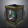 Industrial Safety Cube Device With Yellow Black Warning Stripes Transparent Window And Green Liquid