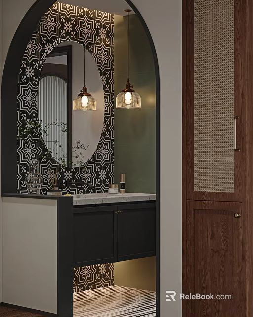 Elegant Modern Bathroom Vanity With Decorative Tiles Mirror Marble Countertop And Pendant Lights 3d model 