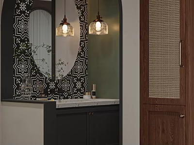 Elegant Modern Bathroom Vanity With Decorative Tiles Mirror Marble Countertop And Pendant Lights 3d model