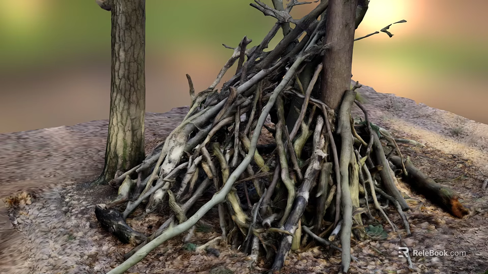 Tall Arbor Tree With Thick Trunk And Stacked Dry Branches On Natural Ground 3d model 