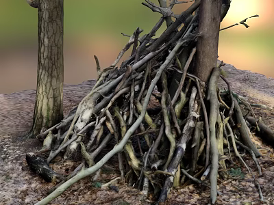 Tall Arbor Tree With Thick Trunk And Stacked Dry Branches On Natural Ground 3d model