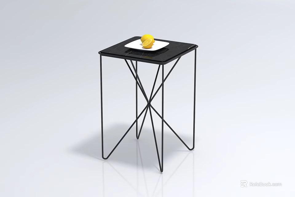 Modern Black Coffee Table With Metal Frame And White Plate Holding Yellow Lemon 3d model 