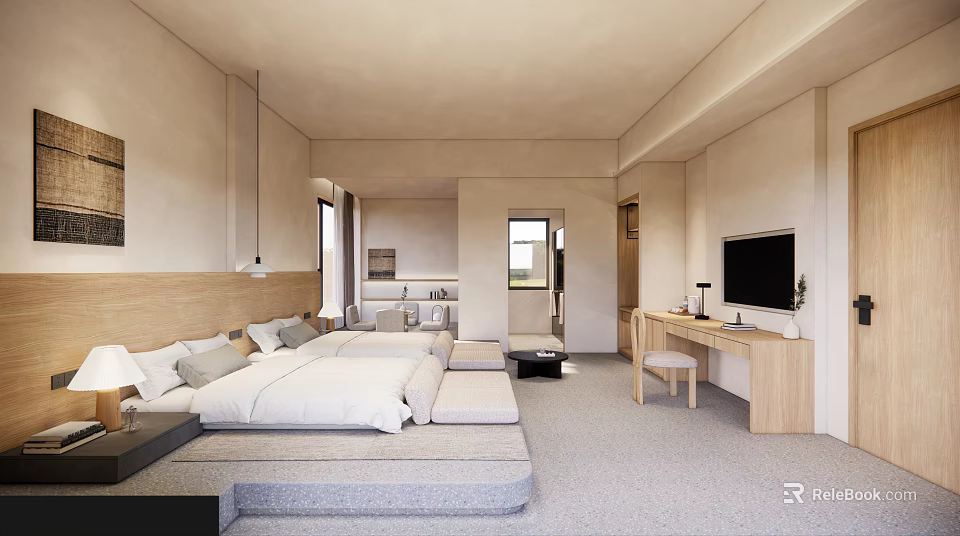 Modern Hotel Guest Room With White Bedding Wooden Headboard Desk TV And Natural Light 3d model 