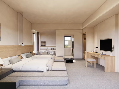 Modern Hotel Guest Room With White Bedding Wooden Headboard Desk TV And Natural Light 3d model