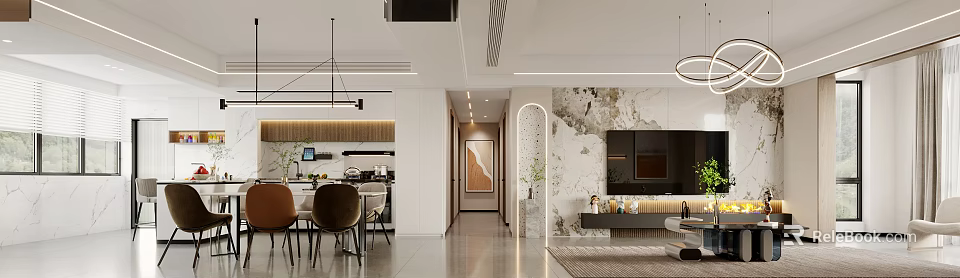 Modern Open Living and Dining Area With TV Wall Artwork Dining Table And Lighting 3d model