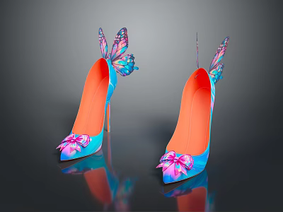Stylish Blue High Heels With Pink Bow Orange Sole And Butterfly Wing Decorations 3d model