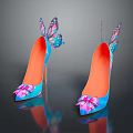 Stylish Blue High Heels With Pink Bow Orange Sole And Butterfly Wing Decorations