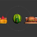 Colorful Food Models Including Fruits Vegetables Meats Desserts Arranged In A Row