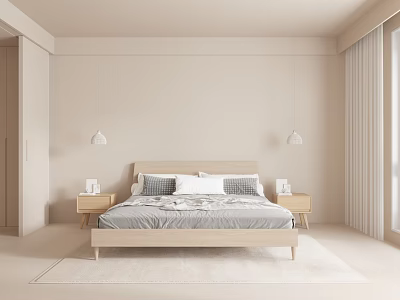 Light Wooden Double Bed In Light Colored Room With Bedside Tables Pendant Lights And Window 3d model