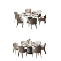 Elegant Round Dining Set With Six Beige Upholstered Chairs And Table Decorations 3d model