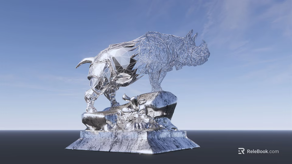 Silver Metallic Rhinoceros Sculpture Standing On Rocky Base Under Blue Sky 3d model 