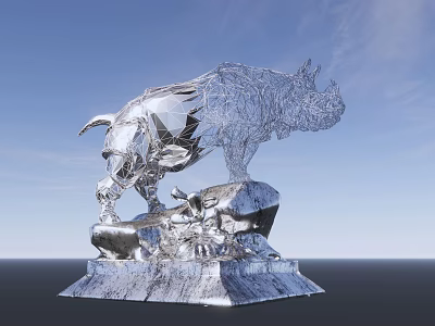 Silver Metallic Rhinoceros Sculpture Standing On Rocky Base Under Blue Sky 3d model