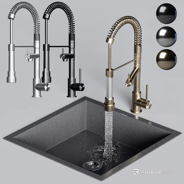 Modern Kitchen Faucet With Pull Down Sprayer And Black Sink Water Flow 3d model 