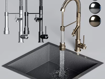 Modern Kitchen Faucet With Pull Down Sprayer And Black Sink Water Flow 3d model