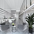 Modern Open Public Office Space Featuring White Desks Computers Glass Partitions Blinds And Plants