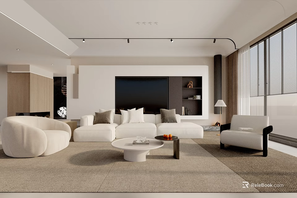 Modern Living Room Interior With White Sofa Round Coffee Table And Floor to Ceiling Windows 3d model 