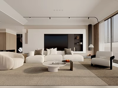 Modern Living Room Interior With White Sofa Round Coffee Table And Floor to Ceiling Windows 3d model