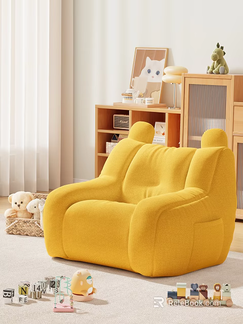 Cozy Yellow Abstract Sofa in Living Room with Stuffed Toys Wooden Bookshelf and Table Lamp 3d model 