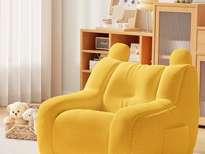 Cozy Yellow Abstract Sofa in Living Room with Stuffed Toys Wooden Bookshelf and Table Lamp 3d model